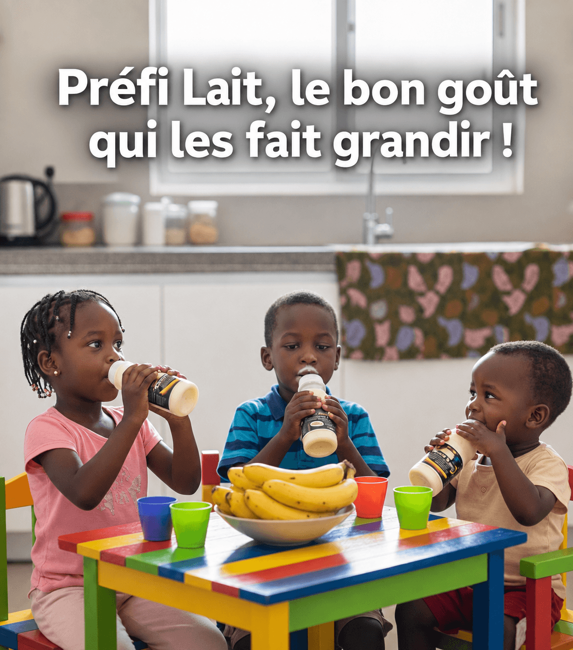 Des enfants congolais dégustant Prefi Lait à table